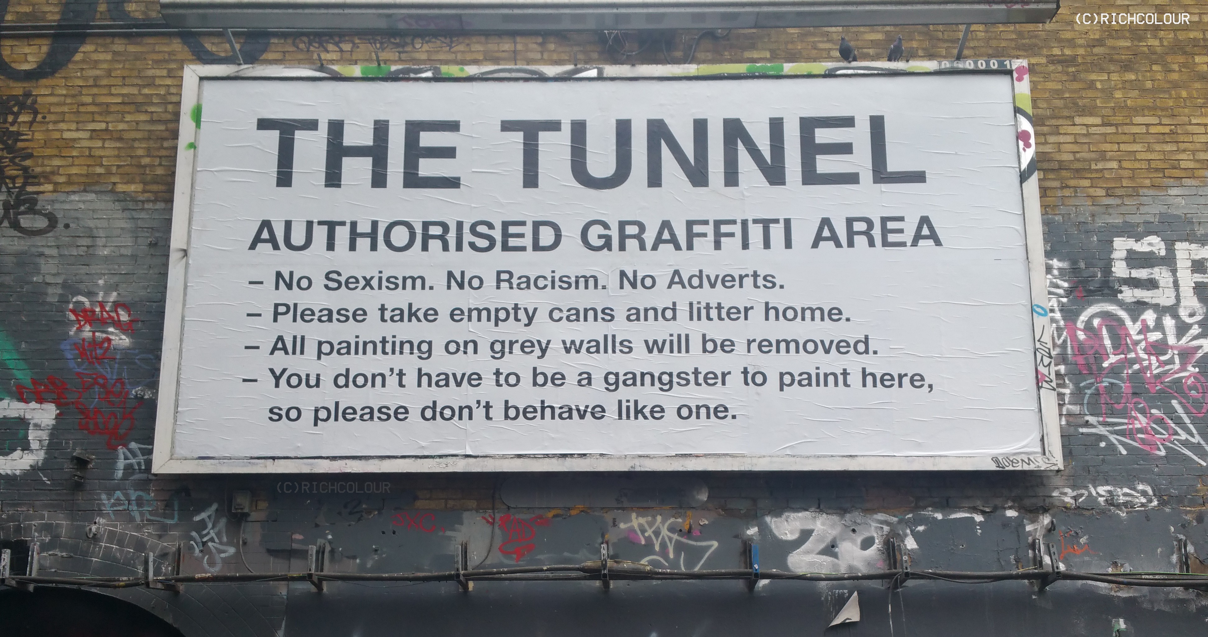 Leake Street tunnel rules authorised graffiti area billboard 2017